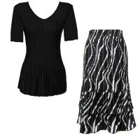 Sets Satin Mini Pleat - Half Sleeve V-Neck - Solid Black - Ribbon Black-White Skirt