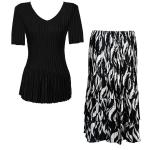 Sets Satin Mini Pleat - Half Sleeve V-Neck - Solid Black - White Buds on Black Skirt