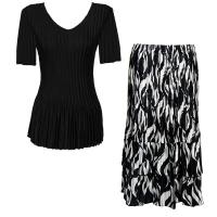 Sets Satin Mini Pleat - Half Sleeve V-Neck - Solid Black - White Buds on Black Skirt