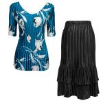Sets Satin Mini Pleat - Half Sleeve V Neck - White Tulips on Teal - Black Skirt