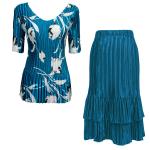 Sets Satin Mini Pleat - Half Sleeve V Neck - White Tulips on Teal - Teal Skirt