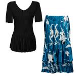 Sets Satin Mini Pleat - Half Sleeve V-Neck - Solid Black - White Tulips on Teal Skirt