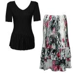 Sets Satin Mini Pleat - Half Sleeve V-Neck - Solid Black - White-Black-Pink Floral Skirt