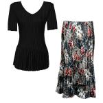 Sets Satin Mini Pleat - Half Sleeve V-Neck - Solid Black - White-Black-Red Abstract Skirt