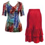 Sets Satin Mini Pleat - Half Sleeve V-Neck - Abstract Blue-Red - Red Skirt