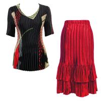 Sets Satin Mini Pleat - Half Sleeve V-Neck - Art Deco Olive-Red - Red Skirt