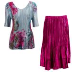 Sets Satin Mini Pleat - Half Sleeve V-Neck - Red Swirl on Silver - Magenta Skirt