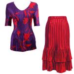 Sets Satin Mini Pleat - Half Sleeve V-Neck - Red Tulips on Purple - Red Skirt