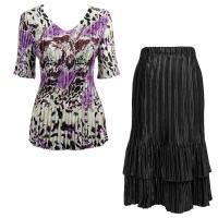 Sets Satin Mini Pleat - Half Sleeve V-Neck - Reptile Floral-Purple - Black Skirt