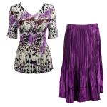 Sets Satin Mini Pleat - Half Sleeve V-Neck - Reptile Floral-Purple - Purple Skirt