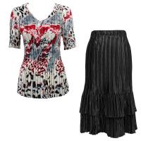 Sets Satin Mini Pleat - Half Sleeve V-Neck - Reptile Floral-Red - Black Skirt