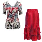 Sets Satin Mini Pleat - Half Sleeve V-Neck - Reptile Floral-Red - Red Skirt