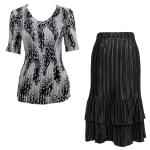 Sets Satin Mini Pleat - Half Sleeve V-Neck - White-Black Swirl Dots - Black Skirt