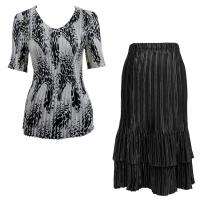 Sets Satin Mini Pleat - Half Sleeve V-Neck - White-Black Swirl Dots - Black Skirt
