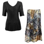 Sets Satin Mini Pleat - Half Sleeve V-Neck - Solid Black - Abstract Black-Gold Skirt