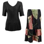 Sets Satin Mini Pleat - Half Sleeve V-Neck - Solid Black - Art Deco Olive-Red Skirt