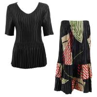 Sets Satin Mini Pleat - Half Sleeve V-Neck - Solid Black - Art Deco Olive-Red Skirt