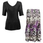 Sets Satin Mini Pleat - Half Sleeve V-Neck - Solid Black - Reptile Floral-Purple Skirt