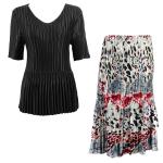Sets Satin Mini Pleat - Half Sleeve V-Neck - Solid Black - Reptile Floral-Red Skirt