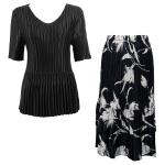 Sets Satin Mini Pleat - Half Sleeve V-Neck - Solid Black - White Tulips on Black Skirt