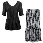 Sets Satin Mini Pleat - Half Sleeve V-Neck - Solid Black - White-Black Swirl Dots