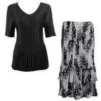 Sets Satin Mini Pleat - Half Sleeve V-Neck - Solid Black - White-Black Swirl Dots