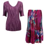 Sets Satin Mini Pleat - Half Sleeve V-Neck - Solid Eggplant - Red-Blue Flower Skirt