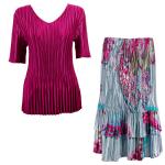Sets Satin Mini Pleat - Half Sleeve V-Neck - Solid Magenta - Red Swirl on Silver Skirt