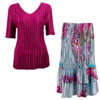 Sets Satin Mini Pleat - Half Sleeve V-Neck - Solid Magenta - Red Swirl on Silver Skirt