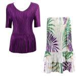 Sets Satin Mini Pleat - Half Sleeve V-Neck - Solid Purple - Palm Leaf Green-Purple Skirt