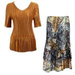 Sets Satin Mini Pleat - Half Sleeve V-Neck - Solid Gold - Abstract Black-Gold Skirt