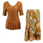 Sets Satin Mini Pleat - Half Sleeve V-Neck - Solid Gold - Gold Print Skirt