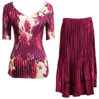 Sets Satin Mini Pleat - Half Sleeve V-Neck - Rose Floral-Berry - Ruby Skirt