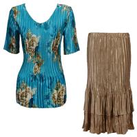 Sets Satin Mini Pleat - Half Sleeve V-Neck - Taupe on Teal - Light Gold Skirt