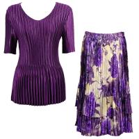 Sets Satin Mini Pleat - Half Sleeve V-Neck - Solid Purple - Rose Floral-Purple Skirt