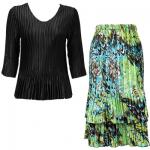 Sets Satin Mini Pleat - Three Quarter Sleeve - Solid Black w/ Lime Aqua Peacock Skirt