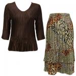 Sets Satin Mini Pleat - Three Quarter Sleeve - Solid Dark Brown w/ Patchwork Animal Skirt