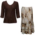 Sets Satin Mini Pleat - Three Quarter Sleeve - Solid Dark Brown w/ Beige Floral Skirt