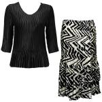 Sets Satin Mini Pleat - Three Quarter Sleeve - Solid Black w/ Block Print Black-Ivory Skirt