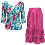 Sets Satin Mini Pleat - Three Quarter Sleeve - Bright Bouquet w/ Magenta Skirt