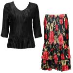 Sets Satin Mini Pleat - Three Quarter Sleeve - Solid Black w/ Coral Blossoms on Black Skirt