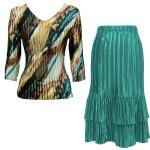 Sets Satin Mini Pleat - Three Quarter Sleeve - Earthtone Abstract w/ Aqua Skirt