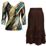 Sets Satin Mini Pleat - Three Quarter Sleeve - Earthtone Abstract w/ Dark Brown Skirt