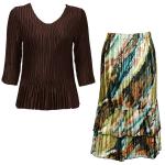 Sets Satin Mini Pleat - Three Quarter Sleeve - Solid Dark Brown w/ Earthtone Abstract Skirt