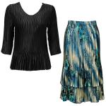 Sets Satin Mini Pleat - Three Quarter Sleeve - Solid Black w/ Marble Floral - Blue Skirt