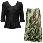 Sets Satin Mini Pleat - Three Quarter Sleeve - Solid Black w/ Multi Green Floral Skirt
