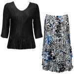 Sets Satin Mini Pleat - Three Quarter Sleeve - Solid Black w/ Reptile Floral - Blue Skirt