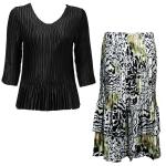 Sets Satin Mini Pleat - Three Quarter Sleeve - Solid Black w/ Reptile Floral - Green Skirt