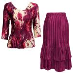 Sets Satin Mini Pleat - Three Quarter Sleeve - Rose Floral - Berry w/ Berry Skirt