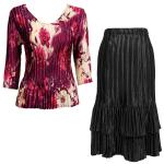 Sets Satin Mini Pleat - Three Quarter Sleeve - Rose Floral - Berry w/ Black Skirt